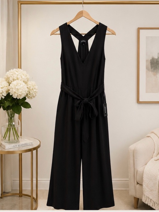 Express Pants - Express Black Sleeveless V-Neck Wide-Leg Jumpsuit with Tie Waist